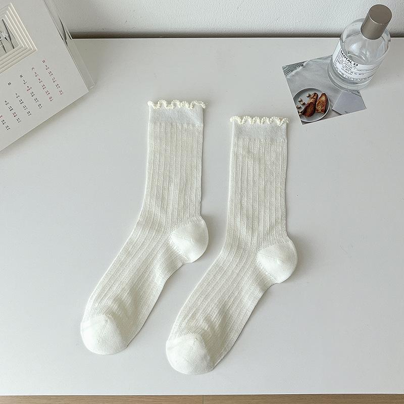 Summer Solid Color Mesh Middle Tube Women Socks Lightweight Breathable Fashion Versatile Ruffle Ballet Style Lolita Girls Socks