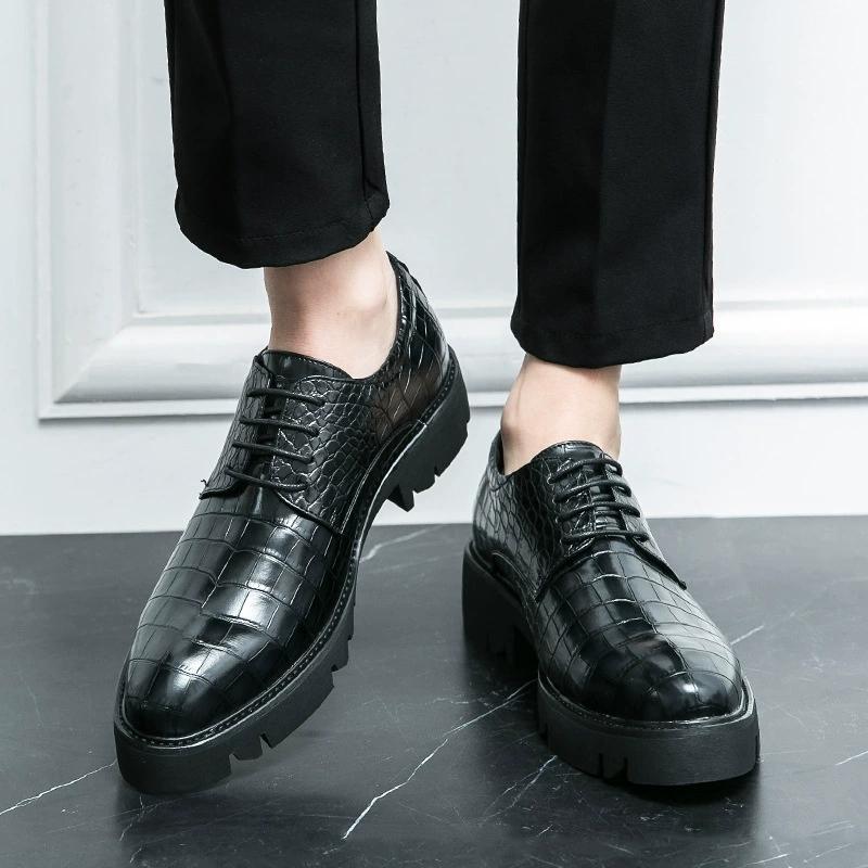 Fashion New 2025 Crocodile Pattern Men Dress Shoes Thick Bottom Heightening Rubber Sole Comfortable Casual Leather Footwear