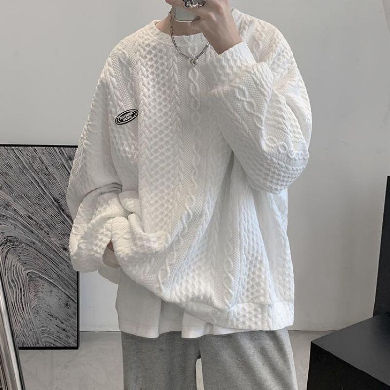 Winter Velvet Thick Warm Hemp Pattern Sweatshirt Men's Loose and Versatile Round Neck Pullover Youth Long-sleeved Sweatshirt
