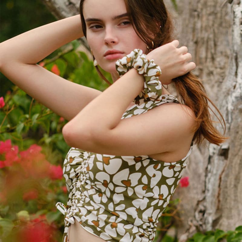Fine Bay Swim Hair Scrunchie, Floral Green