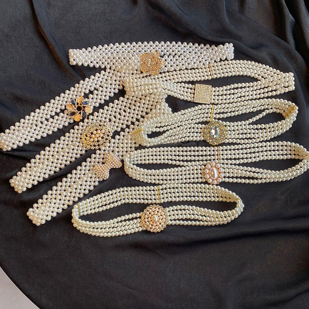 White Imitation Pearl Elastic Belt Metal Waist Chain New Beaded Belt Party Accessories