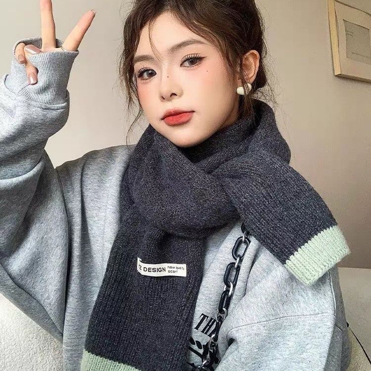 

Dopamine Scarf for Women Winter Color-Blocked Edge Versatile Knitted Thickened Student Small Neck Warmer Warm Shawl темно-серого
