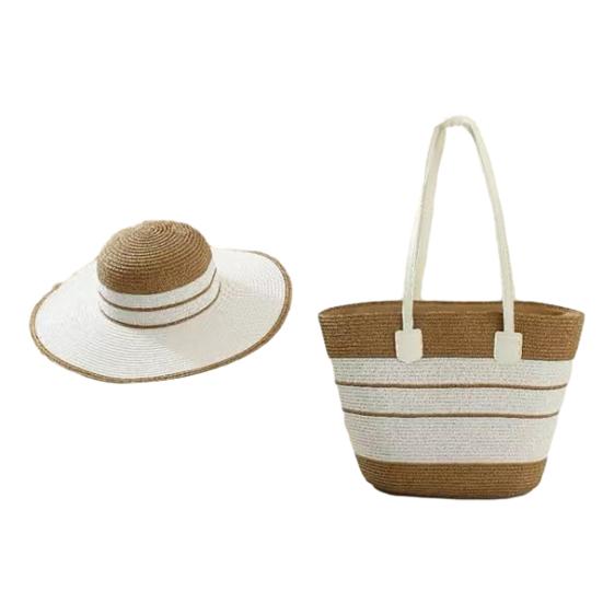 

Набор: Шляпа и Сумка-тоут, 2 шт./комплект, Полосатый принт, Соломенная шляпа с широкими полями, Плетеная сумка-тоут ручной работы, Набор сумок для пляжа и пикника, Летняя шляпа от солнца хаки