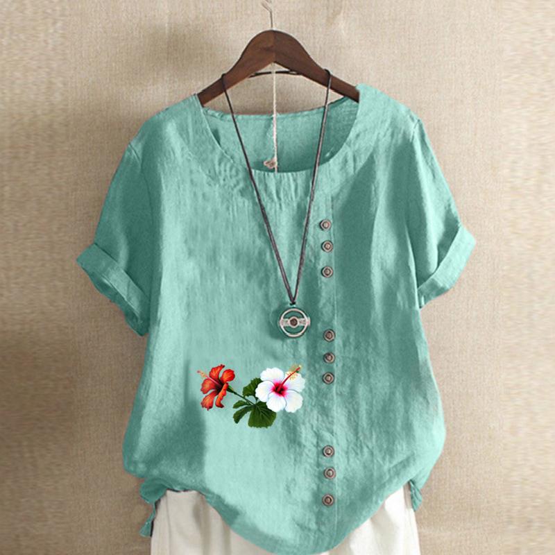 Women's Fashion Round Neck Short Sleeve T-shirt Casual Cotton Linen Graphic Shirt Leisure Loose Flowers Prined Summer Blouse Tops