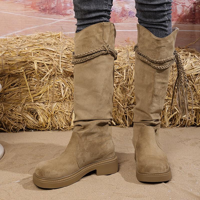 Braided Tassel Western Boots for Women Vintage Faux Suede Chunky Heel Long Boots Woman Autumn Winter Knee High Botas Mujer 2025