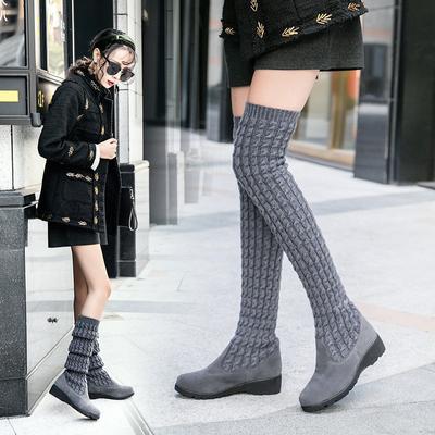 2024 Automne et Hiver Nouvelle Mode Laine Tricotée Chaussettes Hautes Bottes pour Femmes Compensées Au-Dessus du Genou Longues Élastiques Moulantes