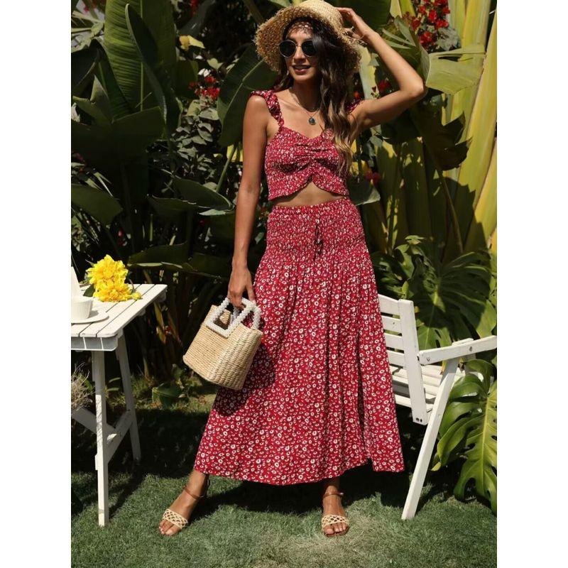 Romantic Flower Sea French style High-Grade Sense Retro Floral Slimming Sling Top + Skirt Seaside Holiday Style Set