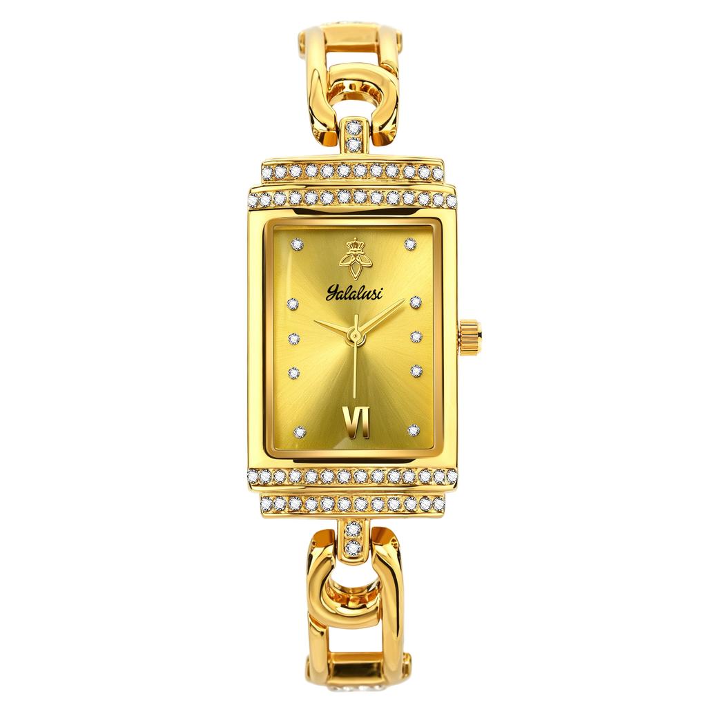 YaLaLuSi Retro Square Green Dial Ladies Watch Gold Rhinestone Chain Strap Waterproof Quartz Dress Watch Luxury Gift for Women