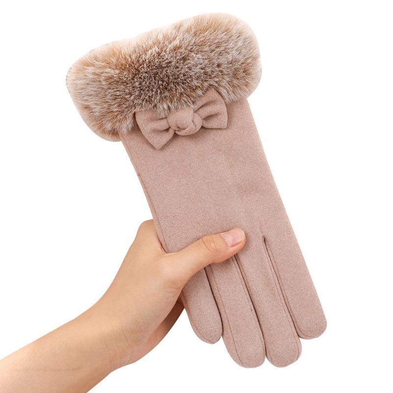 Ladies Thermal Gloves Autumn and Winter Outdoor Riding Driving Cute Velvet Bow German Velvet Cold-proof Gloves