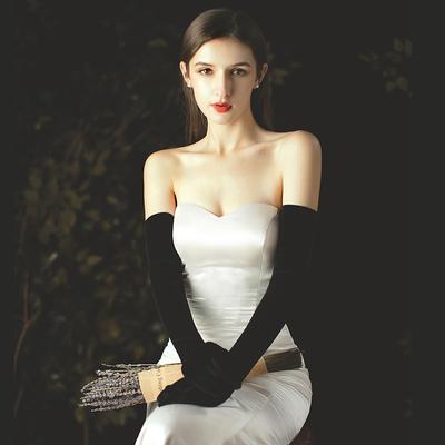 XINMEIJI Hochzeit Braut Lange Oper Handschuh Schwarz Handschuhe für Bekleidung Samt Finger Bräute Brautjungfer Handschuhe WG011