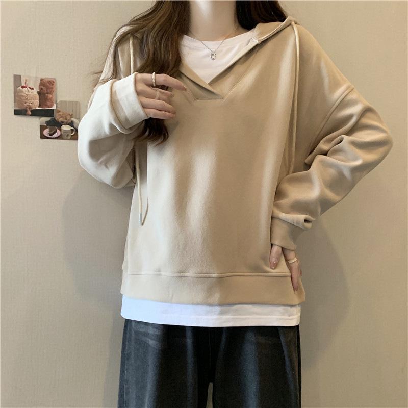 Women's Retro Patchwork Slimming Hoodie - Spring/Autumn Thin Loose Fake Two-Piece Design
