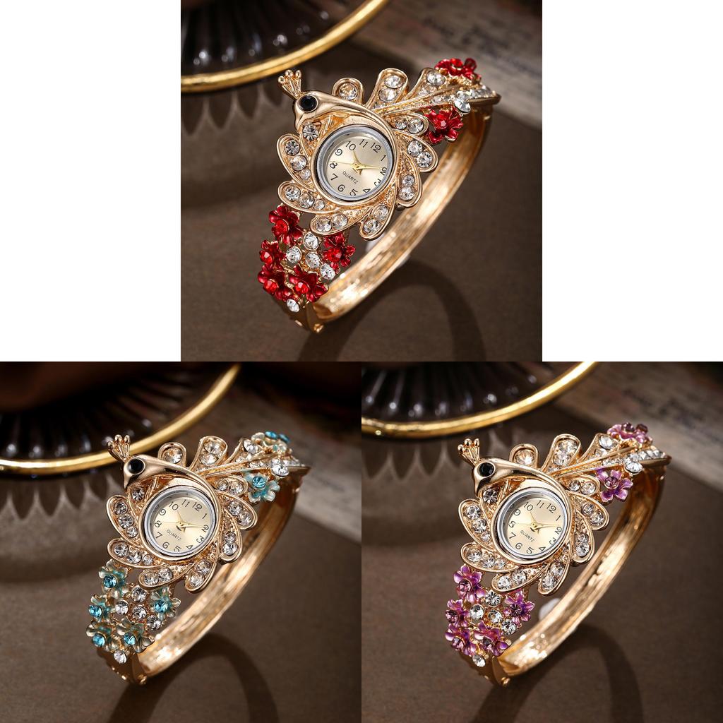 Ladies Peacock Stone Quartz Watch With Hollow Flower Alloy Bracelet For Fashion Accessory