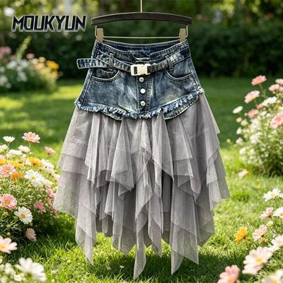 Mode Dames Denim Mesh Patchwork Rok Hoge Taille A-lijn Asymmetrische Ruche Tule Gothic Rokken