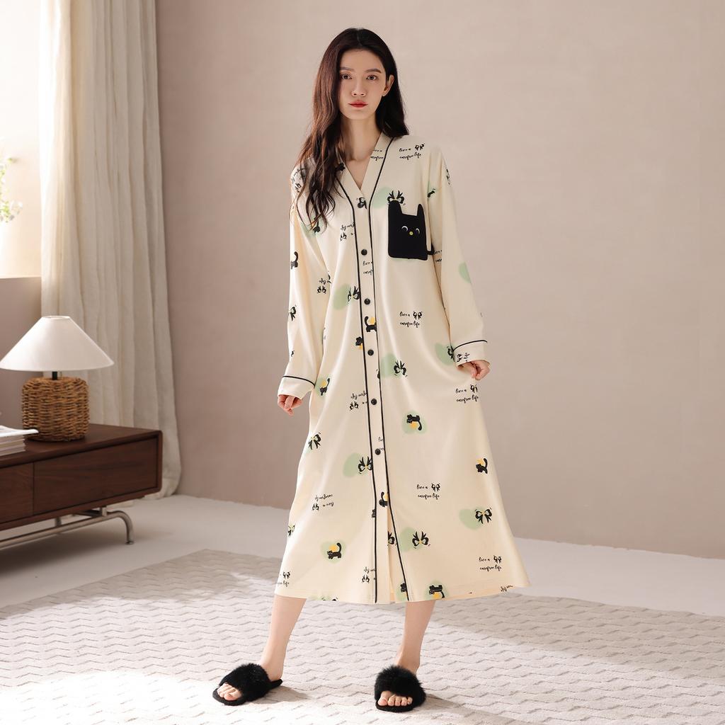 Pure Cotton Nightgown Women'S Spring And Autumn Cartoon Cute Long-Sleeved Long Pajamas Skirt Can Be Worn Outside Loungewear