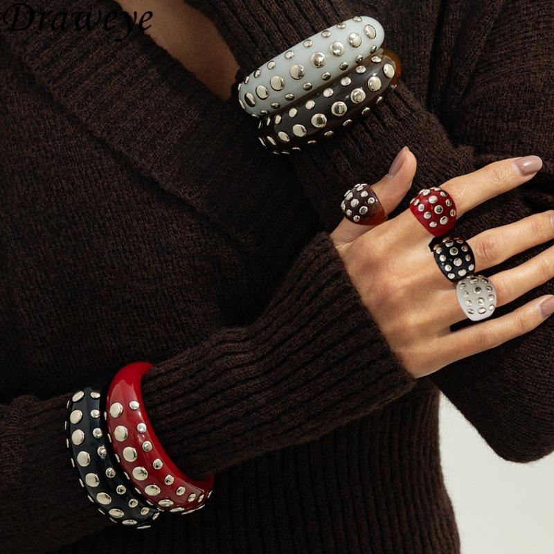 Salircon Punk Creative Rhinestone Rivet Chunky Bracelet Ring Set Women Vintage Stackable Wide Resin Bangles Grunge Jewelry Gift