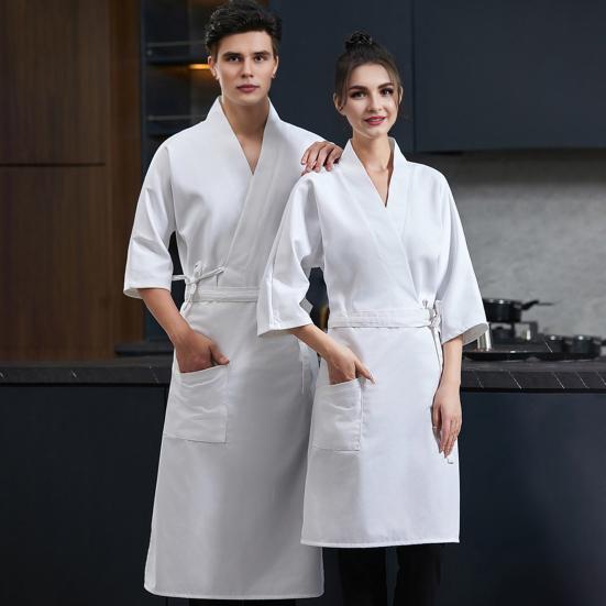 Chef Uniform with Apron Adjustable Waist Strap Unisex V-Neck Crossover Style Chef Jacket Professional Kitchen Workwear