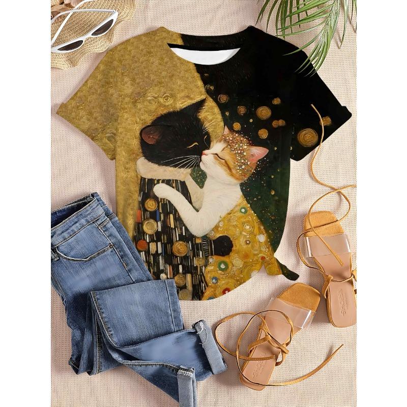 

Women s 3D Retro Floral Cat Art Print T-Shirt - Bright Yellow Round Neck Short Sleeve Top S