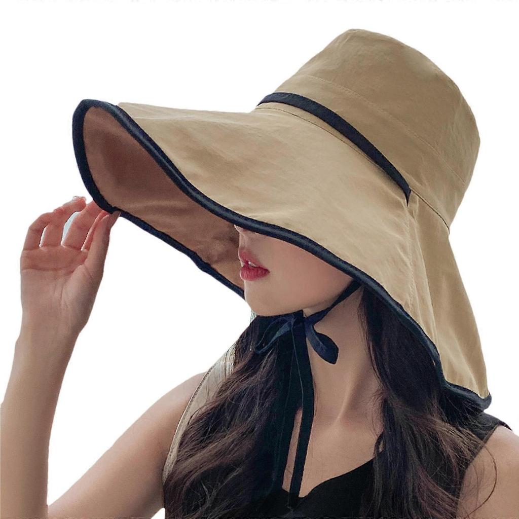 All-match Big Brim Cover Face Fisherman Hat Summer Bucket Hat for w/ Windproof Rope for Sun Hat Sunscreen for Outdoor Ac Khaki