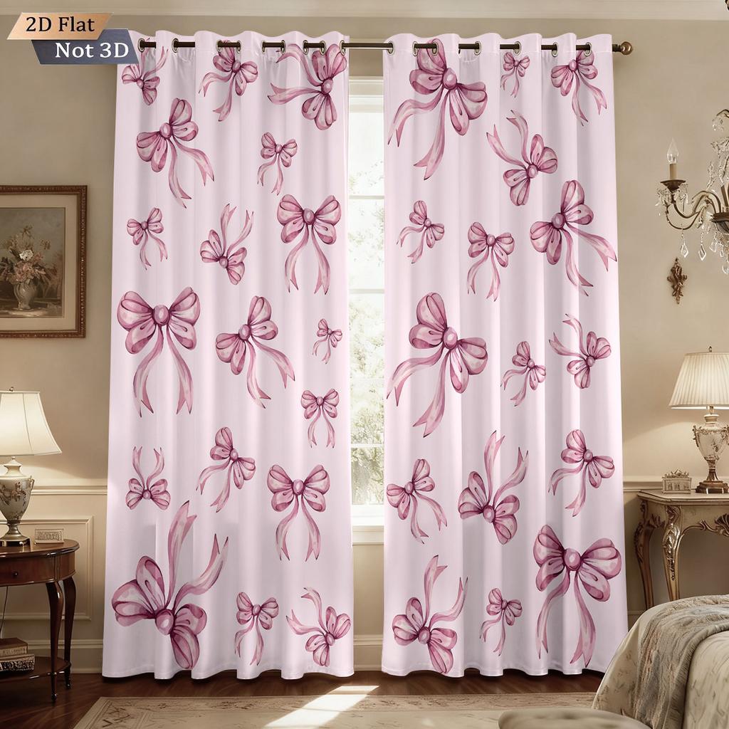 2pcs Pink Romantic Bow Print Blackout Curtains   Multi Size Living Room Bedroom Insulation   Holiday Decoration   Easy Installation