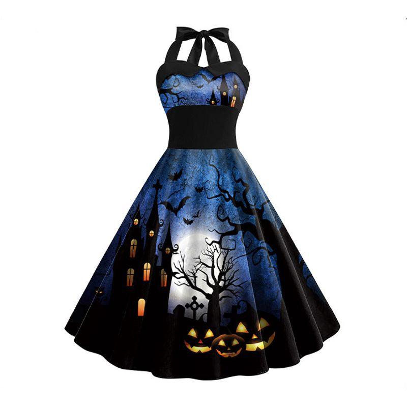 Fashion off-Neck Silm Halter Lace-up Back Elastic High Waist Halloween Pumpkin Bat Print Dress Female