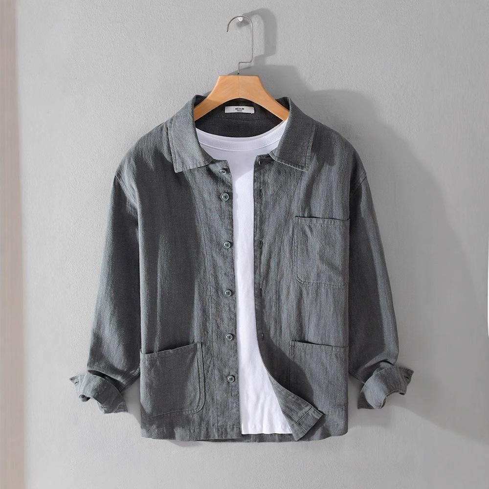 

Men s Plus Size Chinese Stand Collar Cotton Shirt - Retro Ramie, Versatile Casual Loose Fit Solid Color Jacket. XL темно-сірий