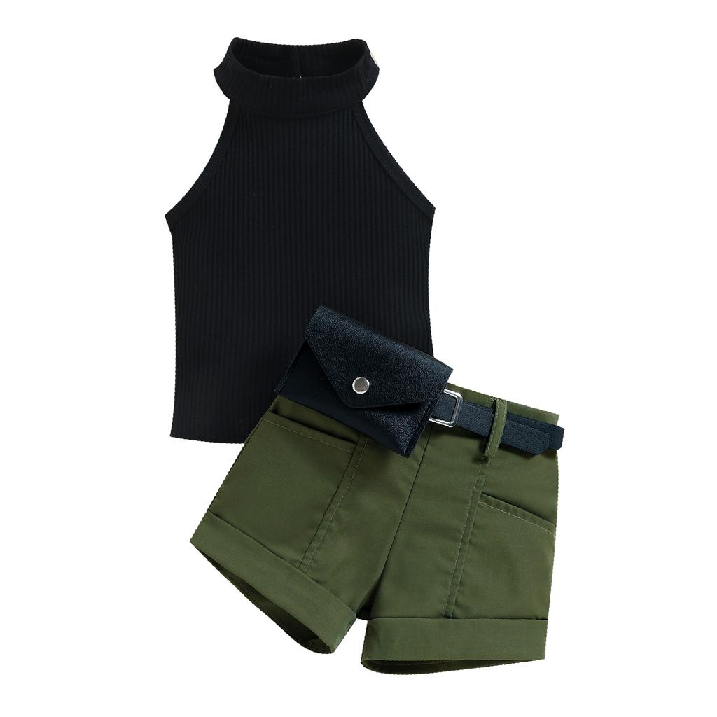 Girls Summer Halter Tank Top Shorts Belt Bag Set
