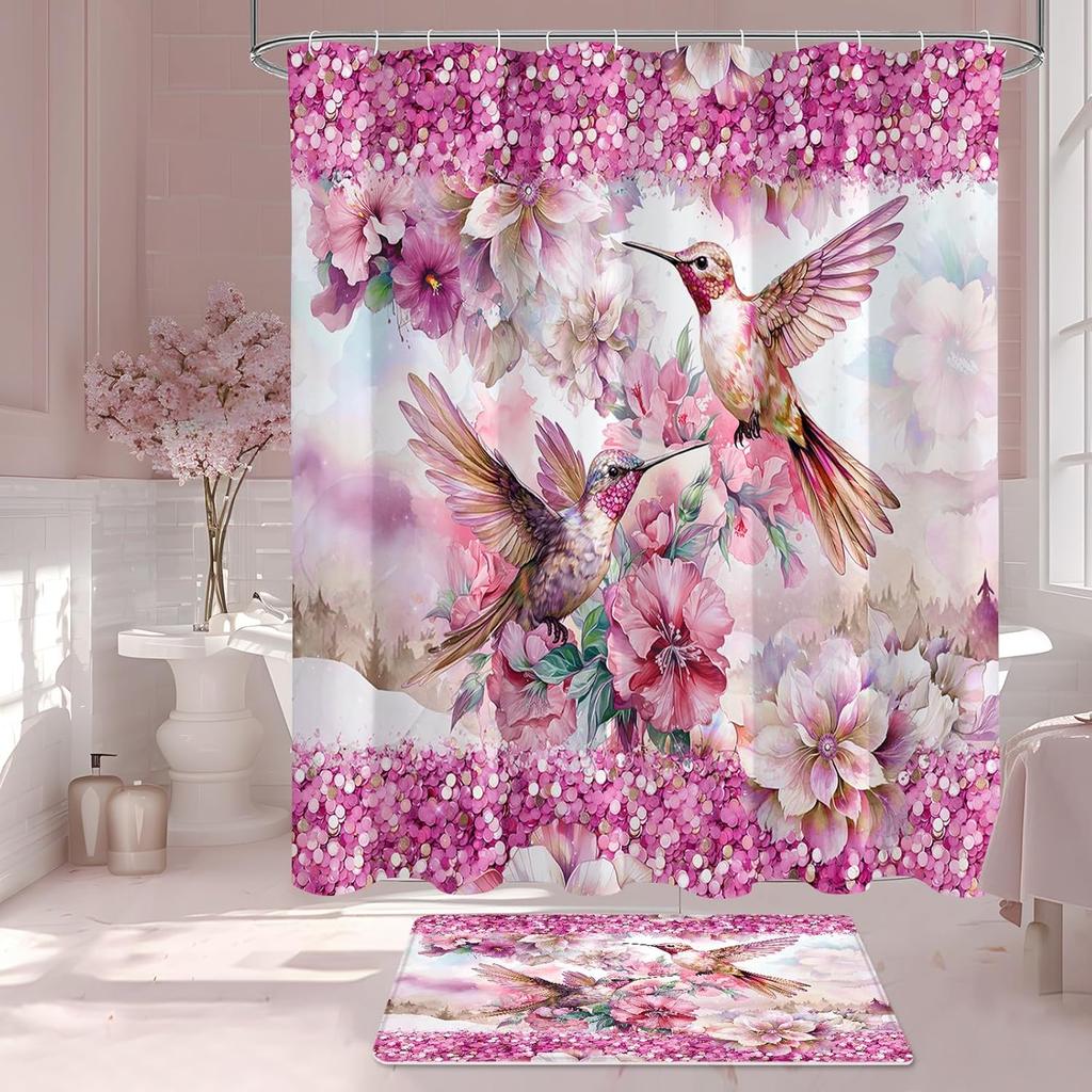 4-teiliges Badezimmer-Duschvorhang-Set Kolibri Blume Badezimmervorhang mit 12 Haken Rutschfeste Teppiche Toilettendeckelmatte Badezimmer-Trennwand