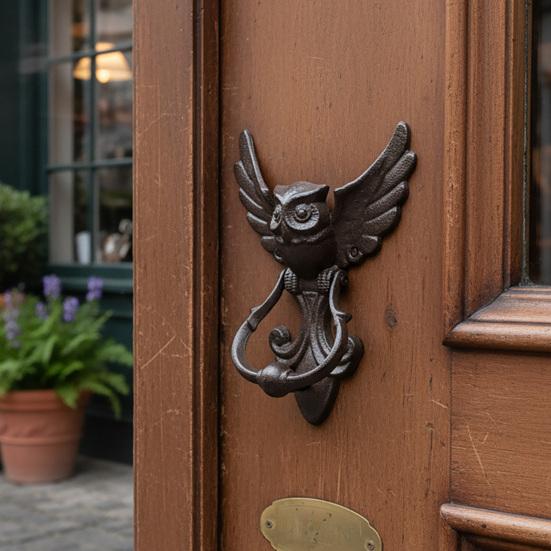 Xiaobudian Vintage Cast Iron Owl Door Knocker, Wrought Hollow Carved Wall Decor, Thickened Rustproof Cabinet Pull Handle, Pre-Drilled Holes for Gate &