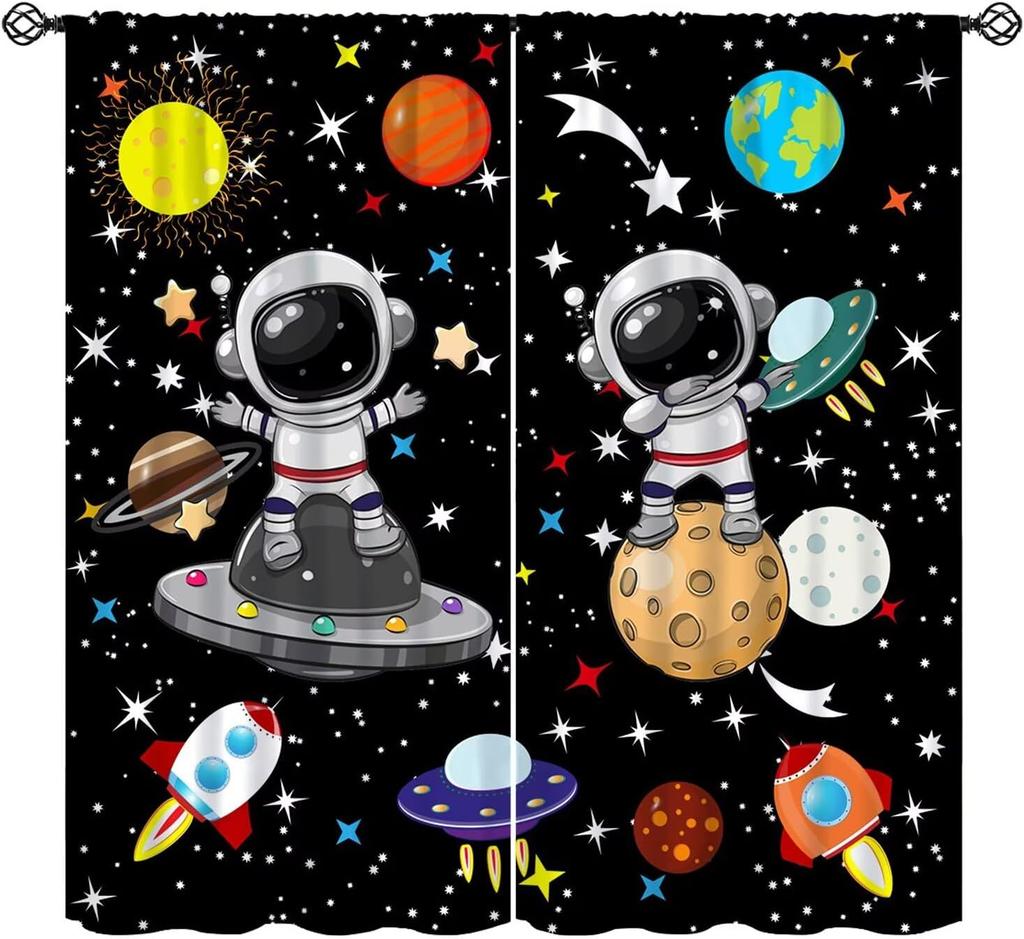 Cartoon Space Universe Curtains,Solar System Planet Rocket Spacecraft Print Decor Rod Pocket Window Treatments For Kids Girls