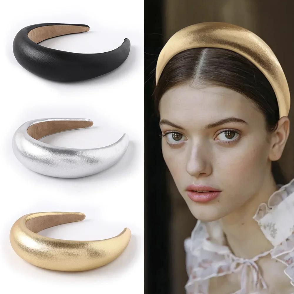 Vintage Women PU Sponge HeadBand Black Gold Silver Wide Hair Hoop Headwear Hair Accessories