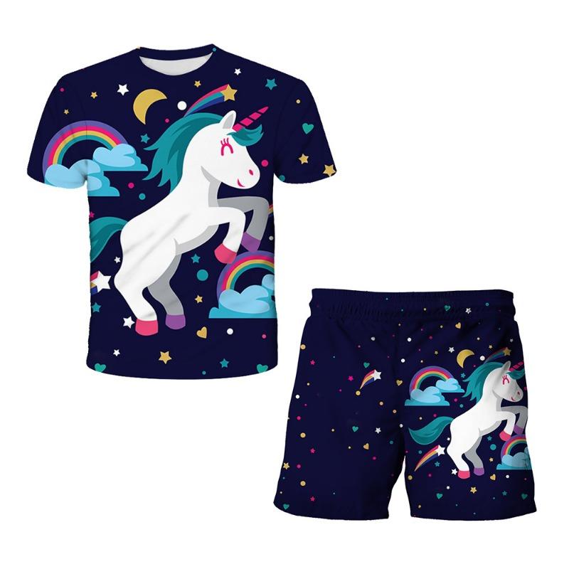 Unicorn Fashion Cute Girl Top T-shirt Short Sleeve+Shorts Two Piece Set Girls' and Children's Top Short Sleeve