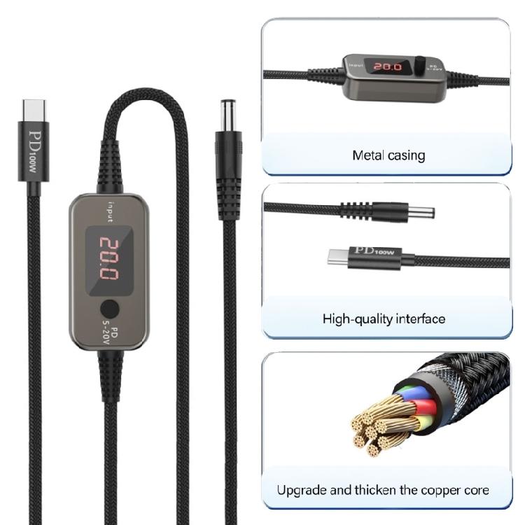 Intelligent Display USB C PD100W Charging Cable 5V To 20V Auto Voltages Switches Option With DC5525 Head