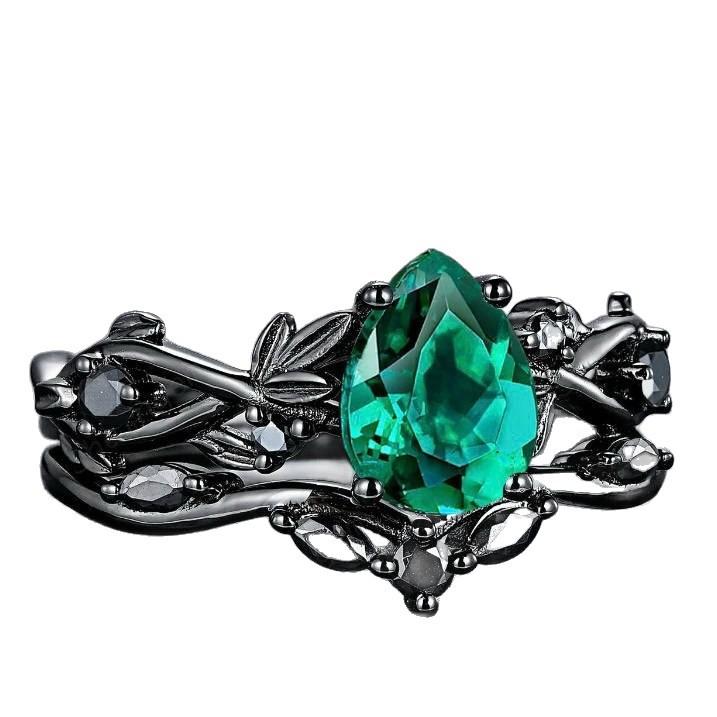 Leaf Vine Women Black 2pcs/set Ring Inlaid Bright Green Pear CZ Elegant Party Wedding Accessories Stylish Lady Jewelry