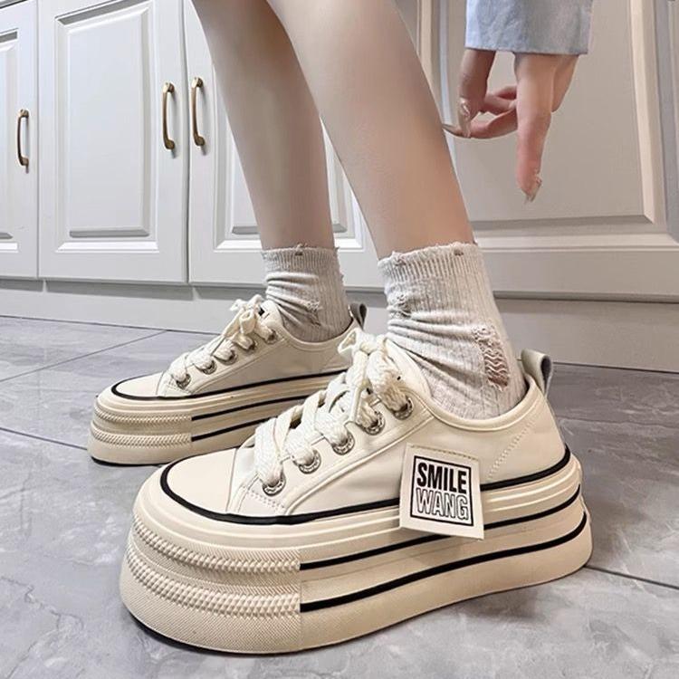 Damen Schwarze Plateau-Sneaker Schnürschuhe Bequeme Schuhe Mode Outdoor-Sport Leinenschuhe