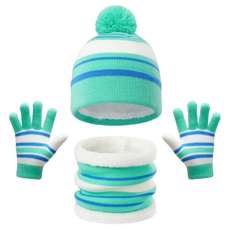 Children's Hat, Scarf, Gloves, Three Piece Set, Boys' and Girls' Winter Thick Warm Striped Knitted Hat Set