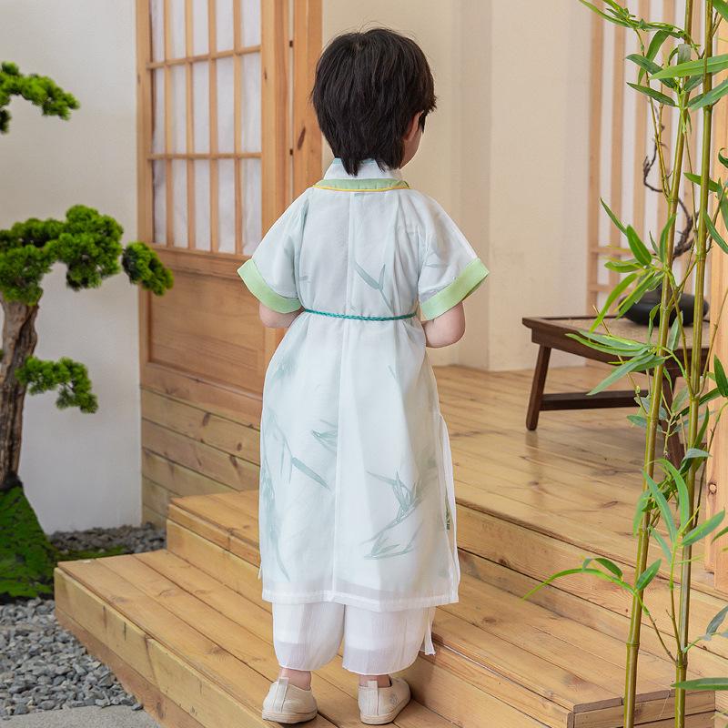 2025 Summer New Children's Bamboo Hanfu Set: Short Sleeve Ancient Chinese Style Robe for Boys.