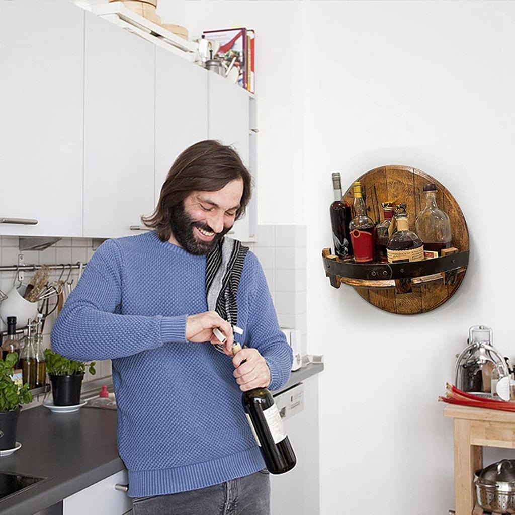 Handcrafted Liquor Bottle Display Rack, Whiskey Barrel Wall Shelf, Vintage Round Wine Whiskey Display Rack