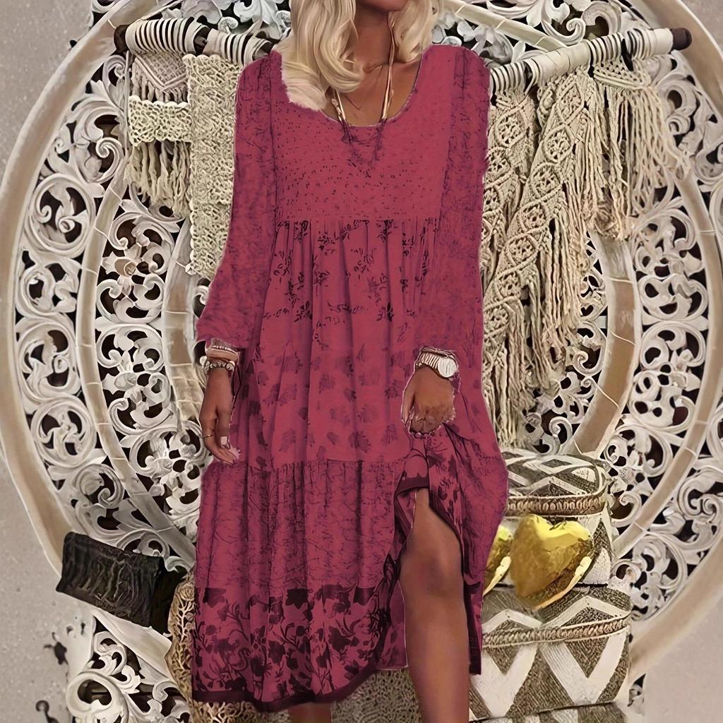 2025 Langärmeliges bedrucktes Rundhalskleid für Damen - Frühling und Herbst