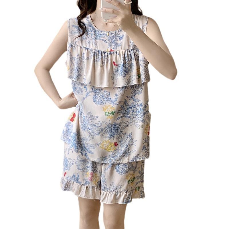 Two-Piece Set Sexy Nightwear Women Anti-Bump Girl Cotton Silk Home Wear Small Flowers Fancy