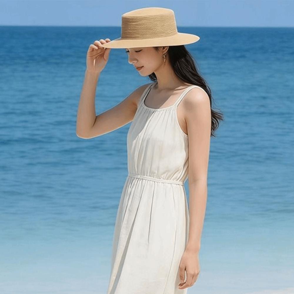 Handwoven Straw Beach Sun Hat Wide Brim Sunscreen Hat Fashionable Panama Cap  Women Summer