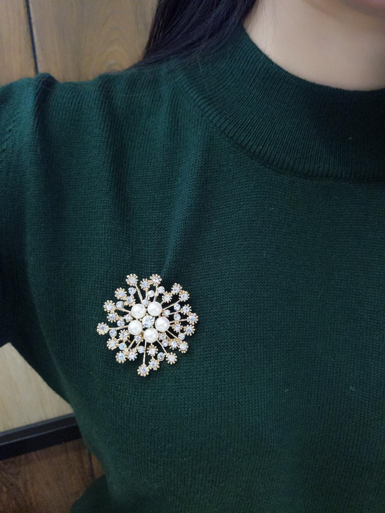 Wind Fashion Versatile Handmade Crystal Colorful Diamonds Flowers Large Pearl Brooch Female Pin Long-Lasting Color Exquisite Hypoallergenic Brooch