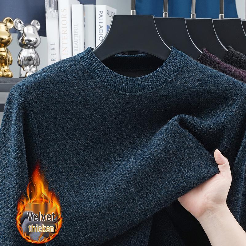 2025 Winter Men's High-End Fashion Knitted Sweater, Plus Velvet Thickened Long Sleeve Base Layer