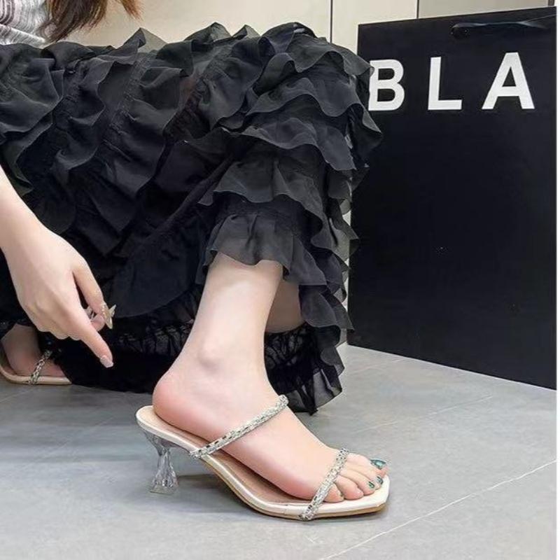 Fashion New Summer Sexy Fashion Open Toe Women's Sandals Water Diamond Shining Square Headed Banquet Women's High Heels Large Design