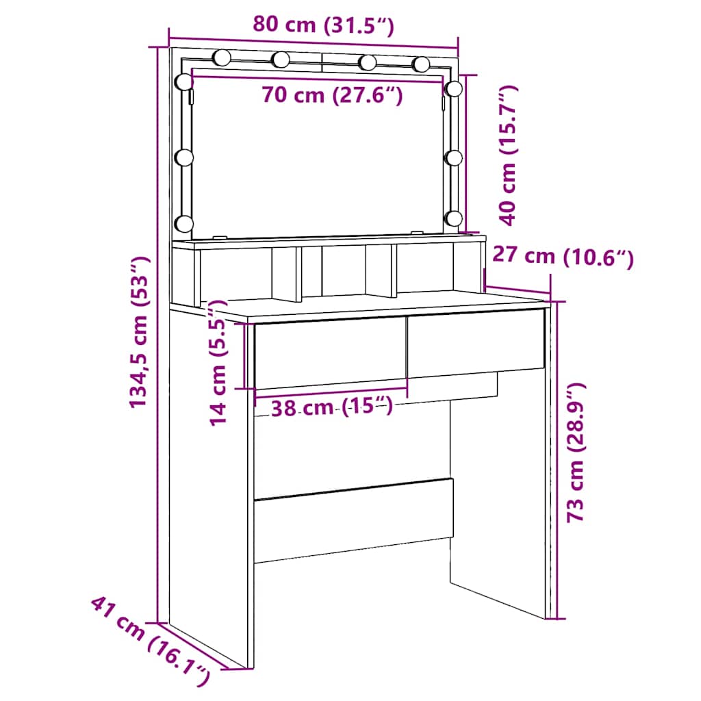 Makeup Vanity with LED Lighting Smoked Oak Finish 80 X 41 X 134.5 Cm