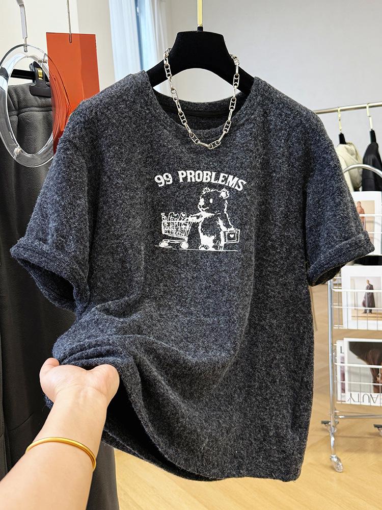 

Европейский стиль Очень большая утолщенная футболка с коротким рукавом с начесом для женщин - Весна/Осень Свободный многослойный базовый топ Extra Large серый