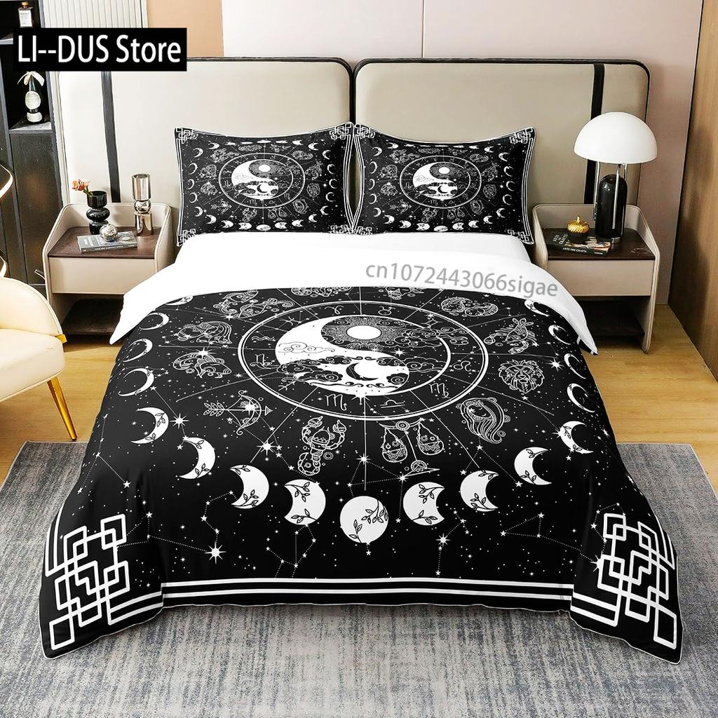 Constellation Duvet Cover Set Sky Star Map Geometric Circle Decorative 3 Piece Bedding Set with 2 Pillow Shams Queen Full Size