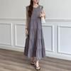 Patchwork Solid Color Long Skirt Sleeveless Commuter Crew Neck Dress
