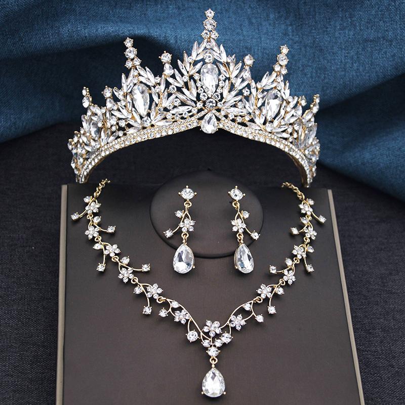 3Pcs Princess Crown Bridal Jewelry Sets for Women Tiaras and Flower Choker Necklace Earrings Wedding Dress Bride Jewelry Set