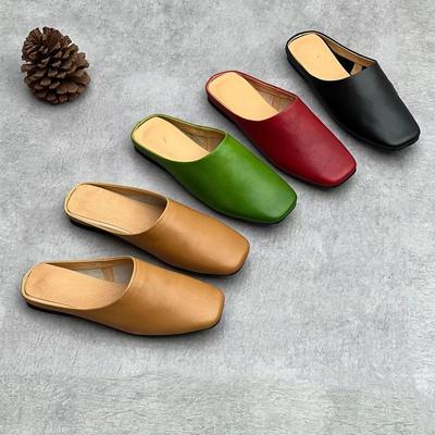 Women's Summer Leather Square-Toe Flat Slippers - Handmade, Fashionable, and Comfortable for Outdoor Wear.