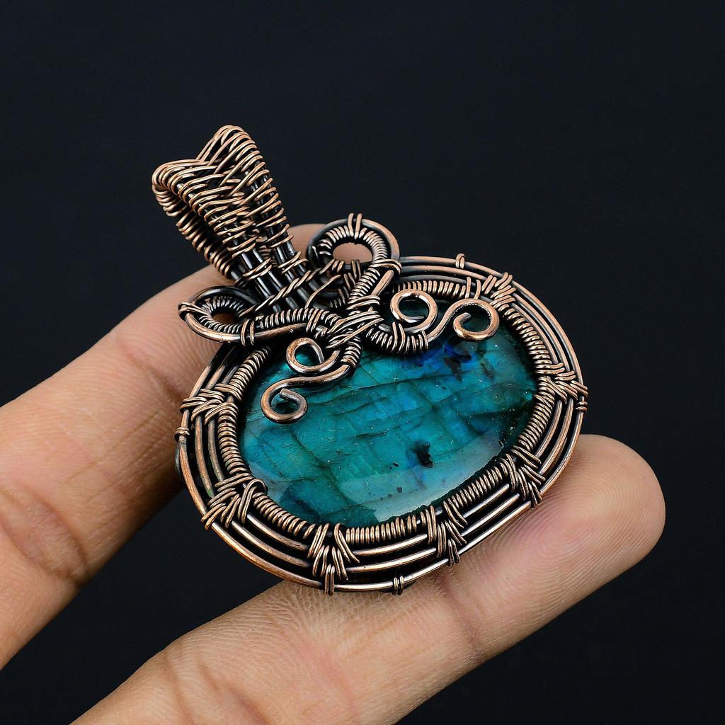 Blue Flash Labradorite Handmade Pendant, Natural Gemstone Jewelry, 999 Copper Wire Wrapped Pendant Jewelry, For Gift